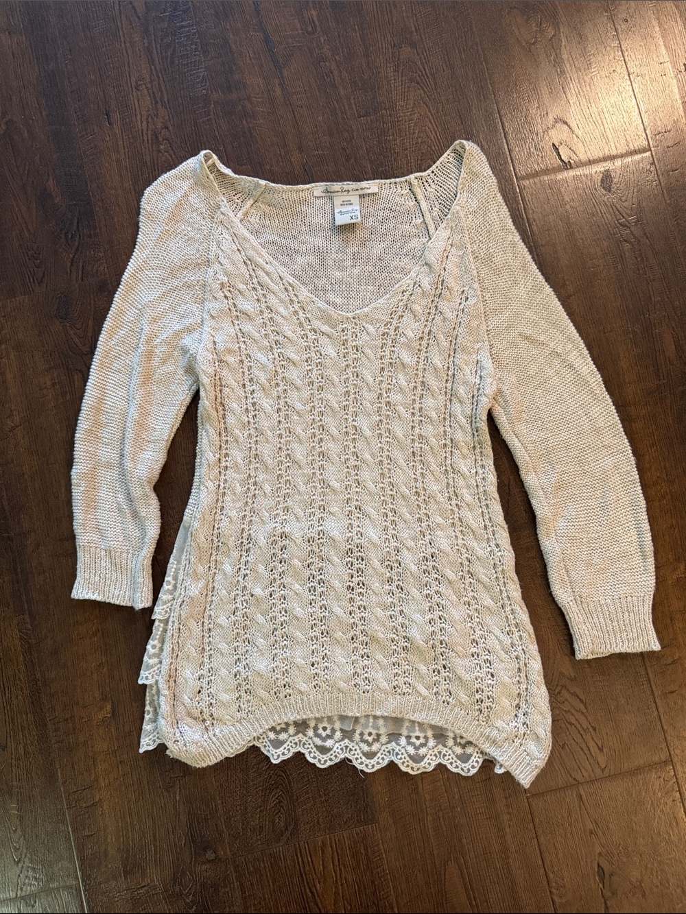 American Rag Cream Lace-Hem V-Neck Cable Knit Sweater